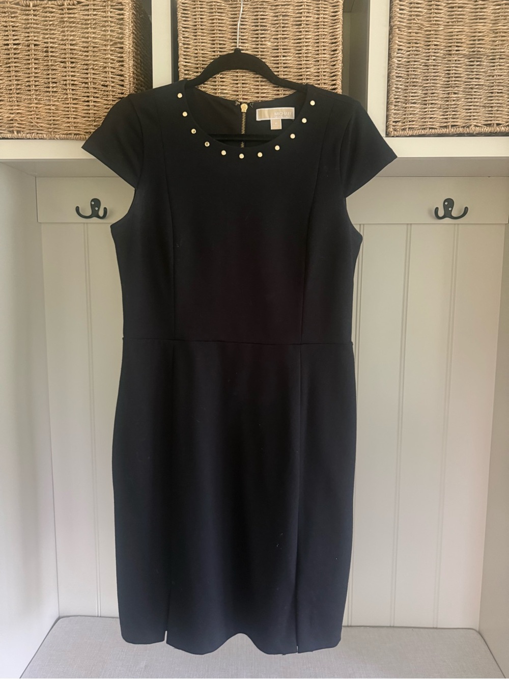 Michael Kors Black Cap-Sleeve Midi Dress with Gold Stud Neckline